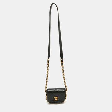 Black Quilted Leather Mini Framing Chain Flap Bag