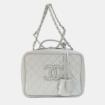 Silver Metallic Caviar Quilted Large CC Filigree Vanity Case  Shoulder Bag