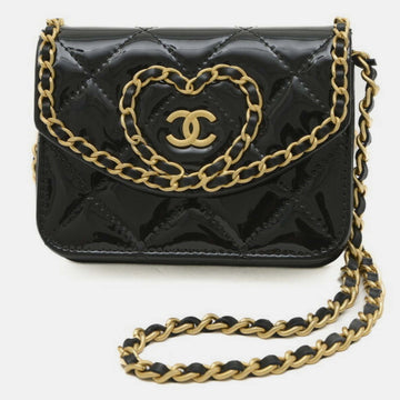 Black Patent Leather CC Heart Wallet with Chain