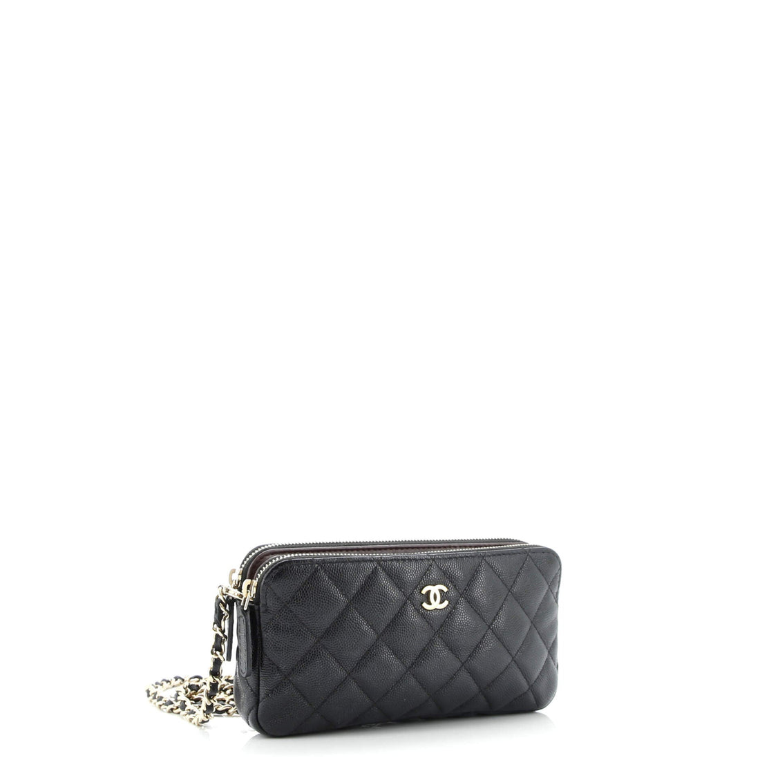 Double Zip Clutch with Chain Quilted Caviar