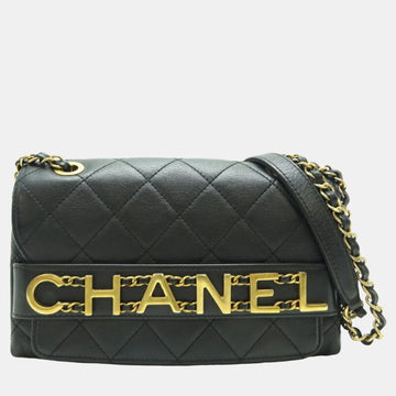 Black Quilted Calfskin Medium Logo Enchained Flap Bag
