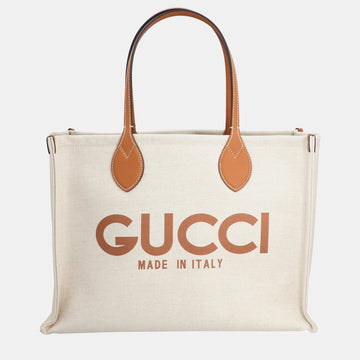 Beige/Brown Canvas and Leather Logo Tote Bag