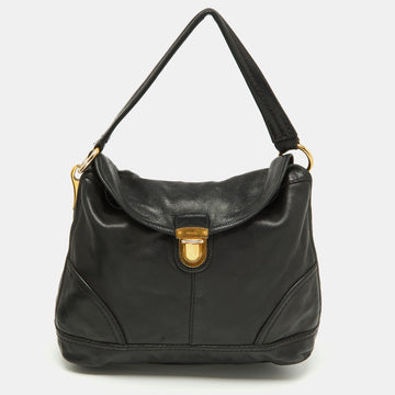 Black Soft Leather Pushlock Flap Hobo