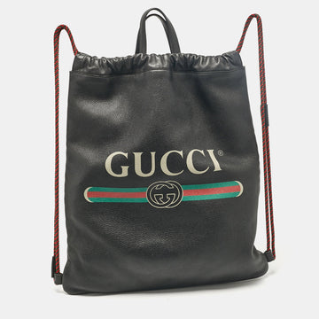 Black Leather Logo Drawstring Backpack