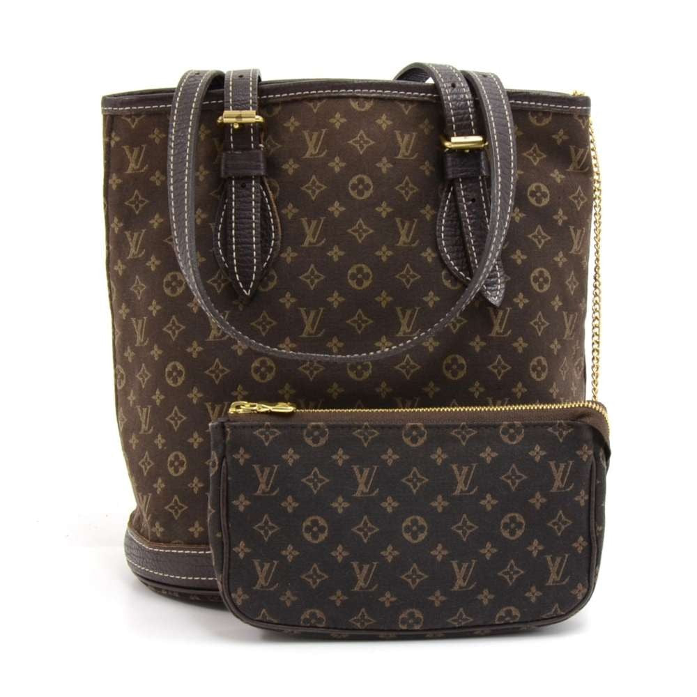 Louis Vuitto Bucket PM Mini Lin Monogram Ebène Canvas Shoulder Bag with Pouch