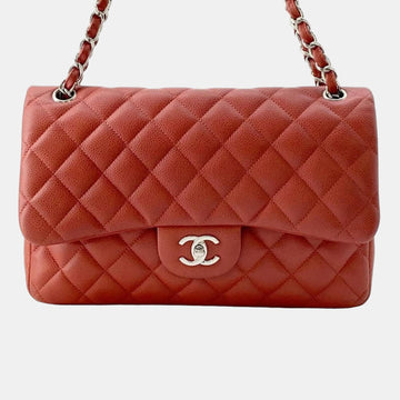 Red Caviar Leather Jumbo Classic Double Flap Shoulder Bag