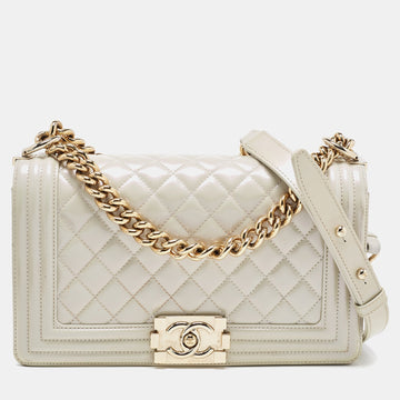 Pearl White Quilted Patent Leather Medium Boy Flap Bag