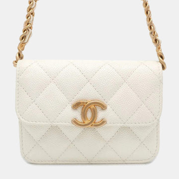 White Leather CC Flap Coin Purse on Chain