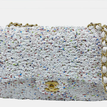 White Medium Sequin Single Flap Shoulder Bag
