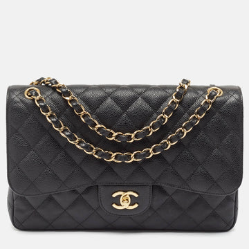 Black Quilted Caviar Leather Jumbo Classic Double Flap Bag