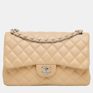 Beige Jumbo Classic Lambskin Double Flap