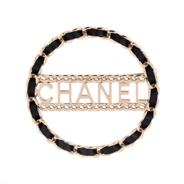Logo Chain Link Round Brooch Metal with Leather