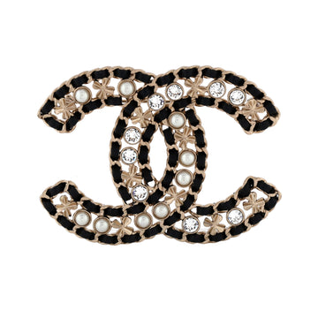 CC Chain Brooch Metal and Leather with Crystals and Faux Pearl