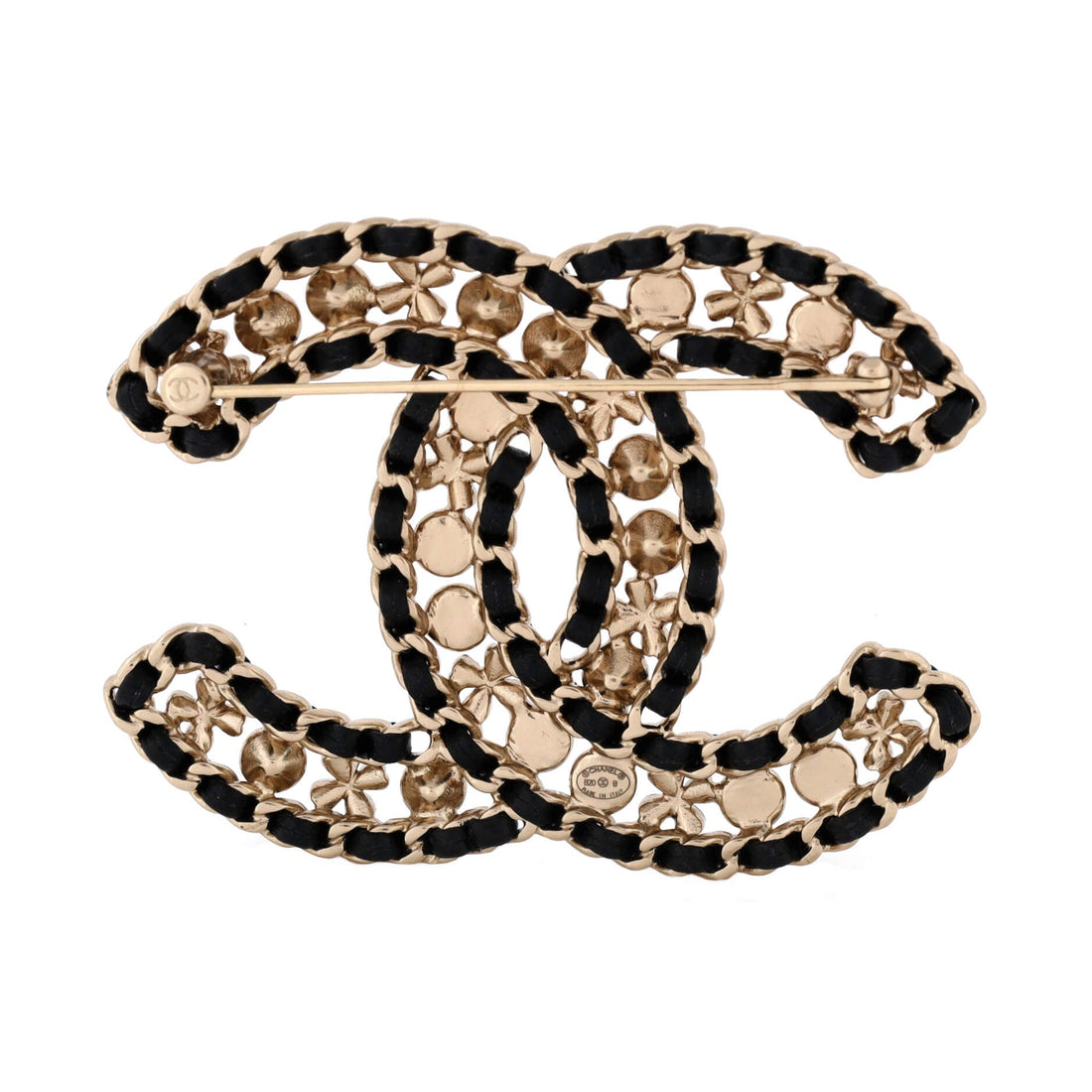 CC Chain Brooch Metal and Leather with Crystals and Faux Pearl