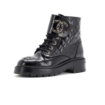 Women's Chain CC Cap Toe Lace Up Combat Boots Quilted Shiny Calfskin