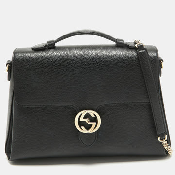 Black Leather Doller Interlocking G Top Handle Bag