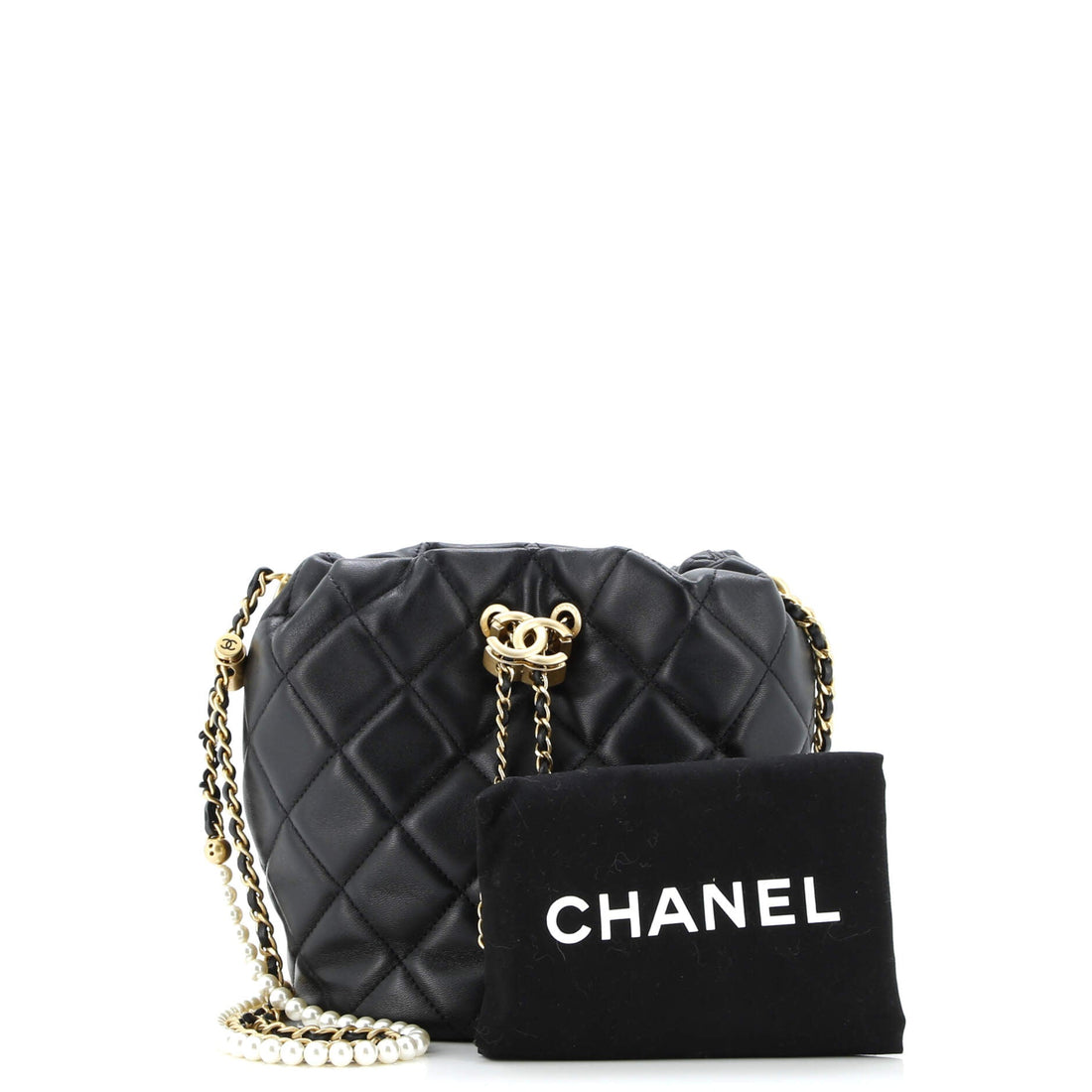 My Perfect Chain Bucket Drawstring Bag Quilted Lambskin with Faux Pearls