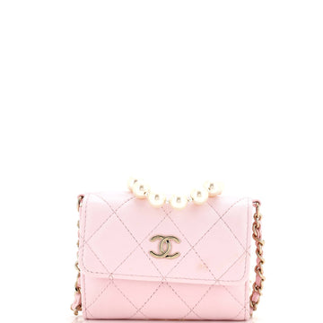 Pearl Strap Flap Card Holder with Chain Quilted Calfskin