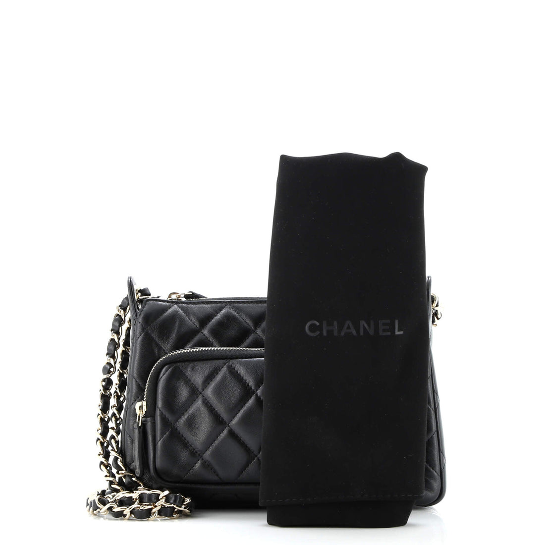CC Front Pocket Zip Clutch with Chain Quilted Lambskin Large