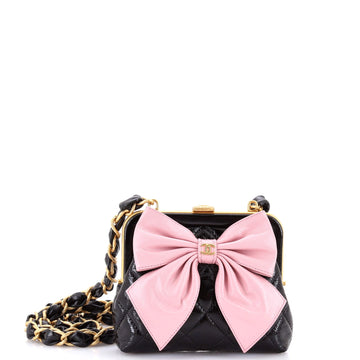 Bow Frame Clutch With Chain Quilted Patent with Lambskin Mini