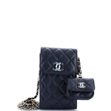 Crystal CC Flap Phone Holder Crossbody Bag with AirPods Pro Case Quilted Caviar