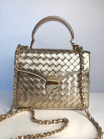 Aspinal of London Midi Mayfair Champaigne Woven Leather Top Handle Bag Preloved
