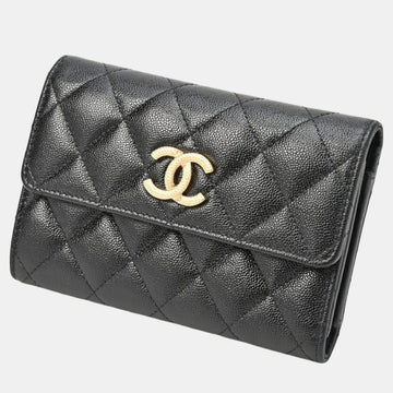 Black Gold Caviar Skin Matelasse Medium Flap Wallet