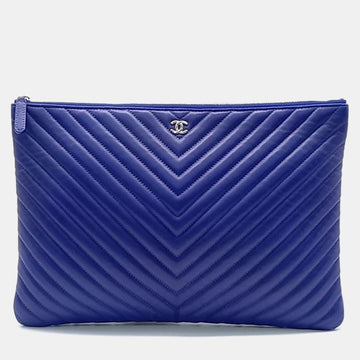 Blue Leather Chevron Clutch Bag