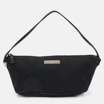 Black GG Canvas and Leather Baguette Bag