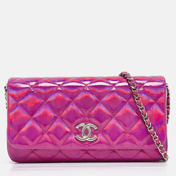 Pink Iridescent Quilted Patent Leather CC Chain Clutch