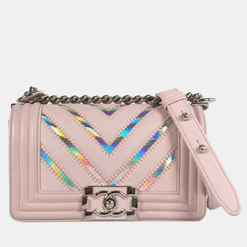 Pink Calfskin Leather Small Chevron Boy Bag