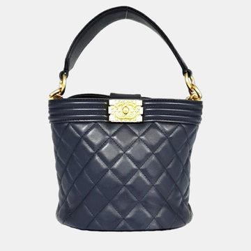 Navy Blue Leather Quilted Bucket Boy Shoulder Bag