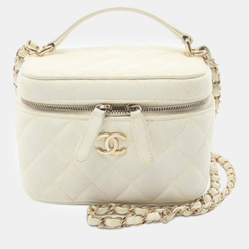 White Tone Caviar Leather CC Quilted Top Handle Vanity Case Bag