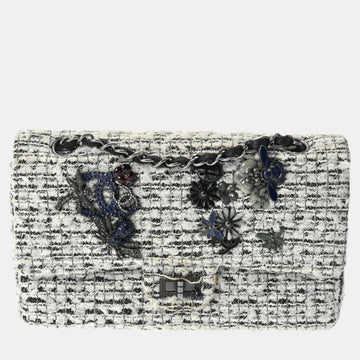 White Tweed Double Flap Chain Shoulder Bag 25cm