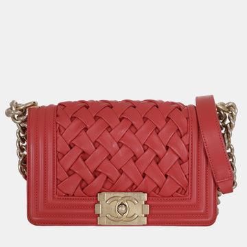 Red Leather Small Woven Boy Bag