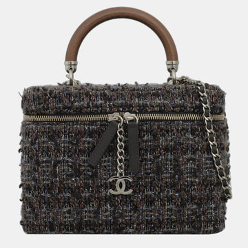 Multicolor/ Brown Tweed Vanity Case Wood Handle Bag