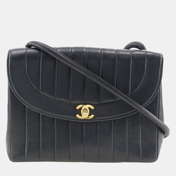 Black Leather Mademoiselle Vertical quilt Flap Bag