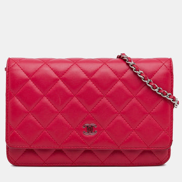 Dark Pink Lambskin Leather Classic Wallet on Chain