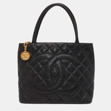 Black Caviar Leather  Medallion Tote Bag