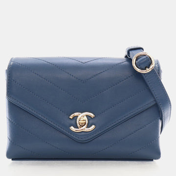 Blue Calfskin Chevron Stitched Coco Waist Bag