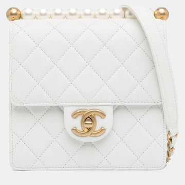 White Small Lambskin Chic Pearls Flap