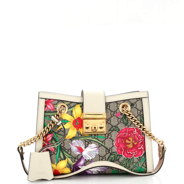 GUCCI Padlock Chain Tote Flora GG Coated Canvas Small