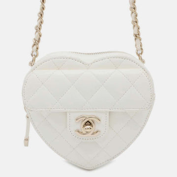 White Lambskin Matelasse Heart Chain Shoulder Bag