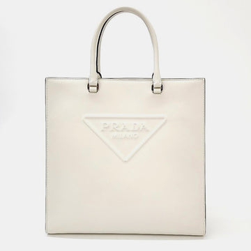 White Leather Medium Triangle Logo Convertible Open Tote Bag