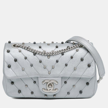 Silver Lambskin Leather Mini Rectangular Chevron Quilted Stud Wars Flap Bag