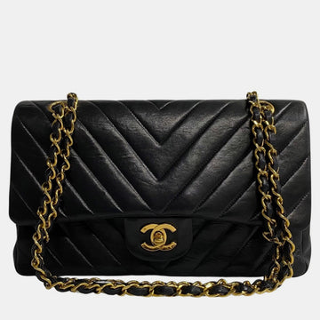 Black Lambskin Leather Medium Classic Double Flap Shoulder Bags