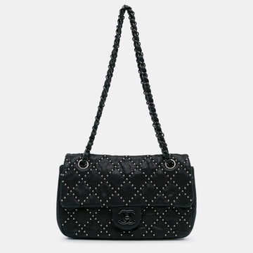 Black Lambskin Leather Studded Metal Beauty Flap Bag
