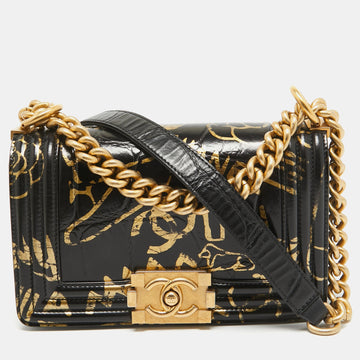 Black/Gold Croc Embossed Leather Graffiti Small Boy Bag