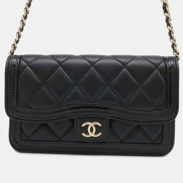Black Lambskin Patent Leather Matelasse Chain Phone Case