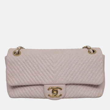 Soft Pink Leather Chevron Medium Flap Shoulder Bag